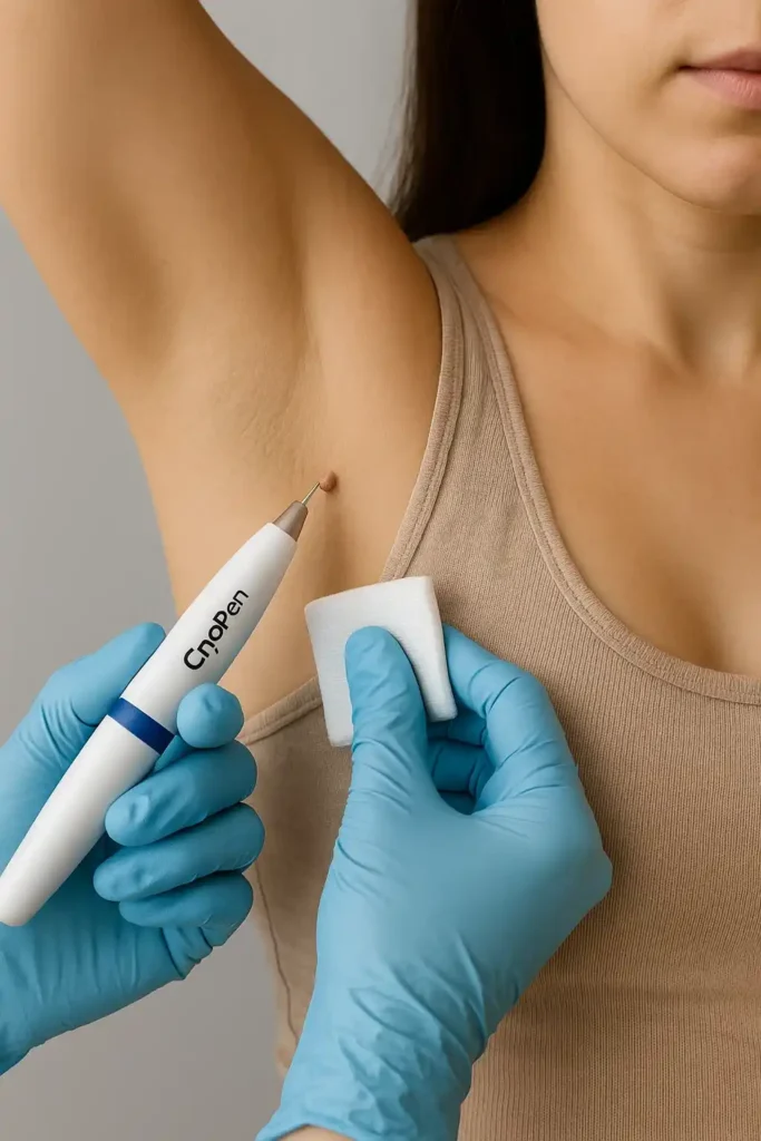 woman having cryopen to remove underarm skin tags Stockton-on-Tees